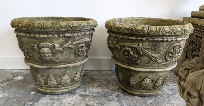 PLANTERS, a pair, composite stone in a verdigris finish, 65cm H x 56cm. (2)