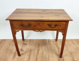 SIDE TABLE, George III walnut, circa 1790, single drawer, applied fret work, raised on square