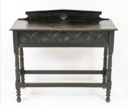 HALL TABLE, Edwardian oak with lunette carved frieze and end drawer, 80cm H x 92cm W x 38cm D.