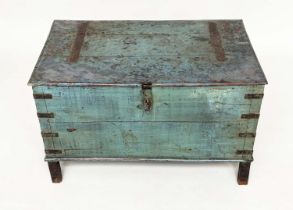 TRUNK, English 19th century blue painted elm and metal bound with rising lid, carrying handles and