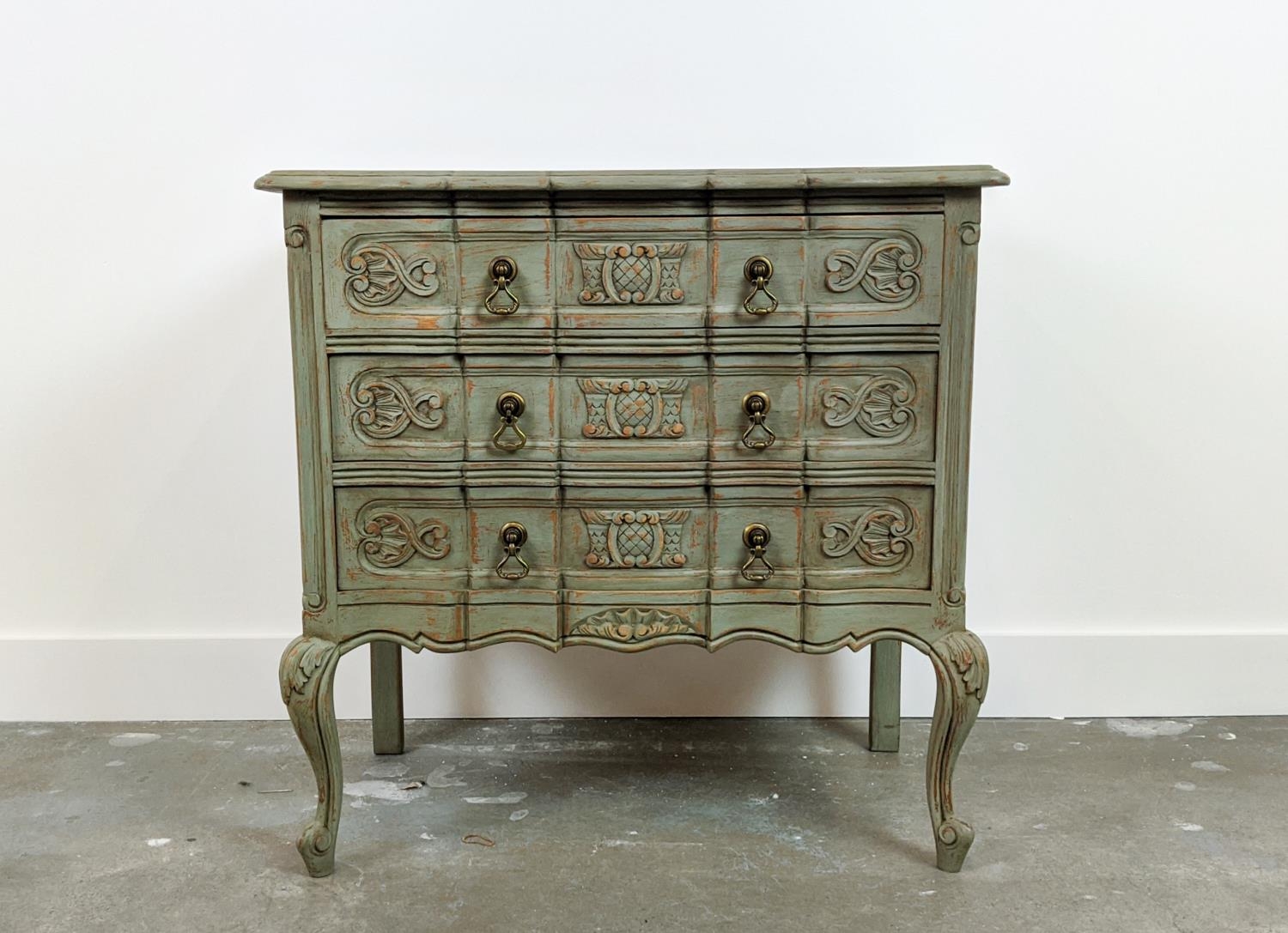 COMMODE, Louis XV style grey painted with three carved drawers, 72cm H x 73cm W x 40cm D. - Image 2 of 10