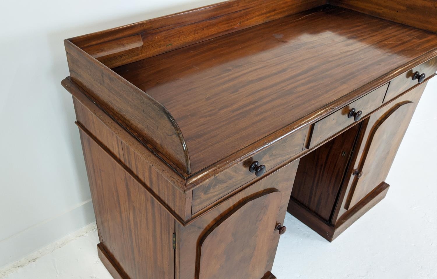 DESK, Victorian mahogany with a 3/4 gallery over three frieze drawers and cupboard base, 122cm x - Image 4 of 9