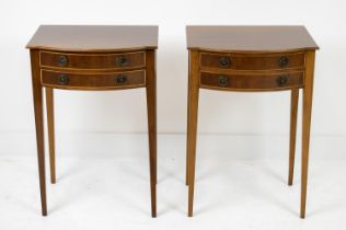BOWFRONT BEDSIDE TABLES, a pair, Georgian style mahogany and boxwood strung with two drawers, 67cm H