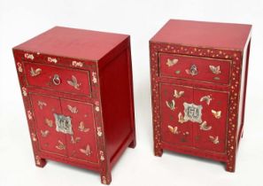 CHINESE CABINETS, a pair, scarlet lacquered and butterfly decorated each with two doors and