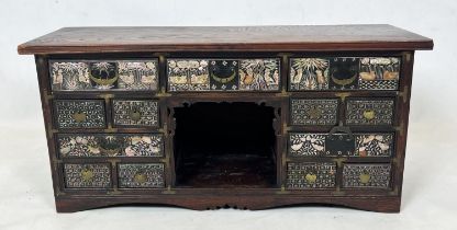 TABLE TOP CHEST, 40cm H x 87cm x 33cm, 19th century Korean elm and mother of pearl with thirteen