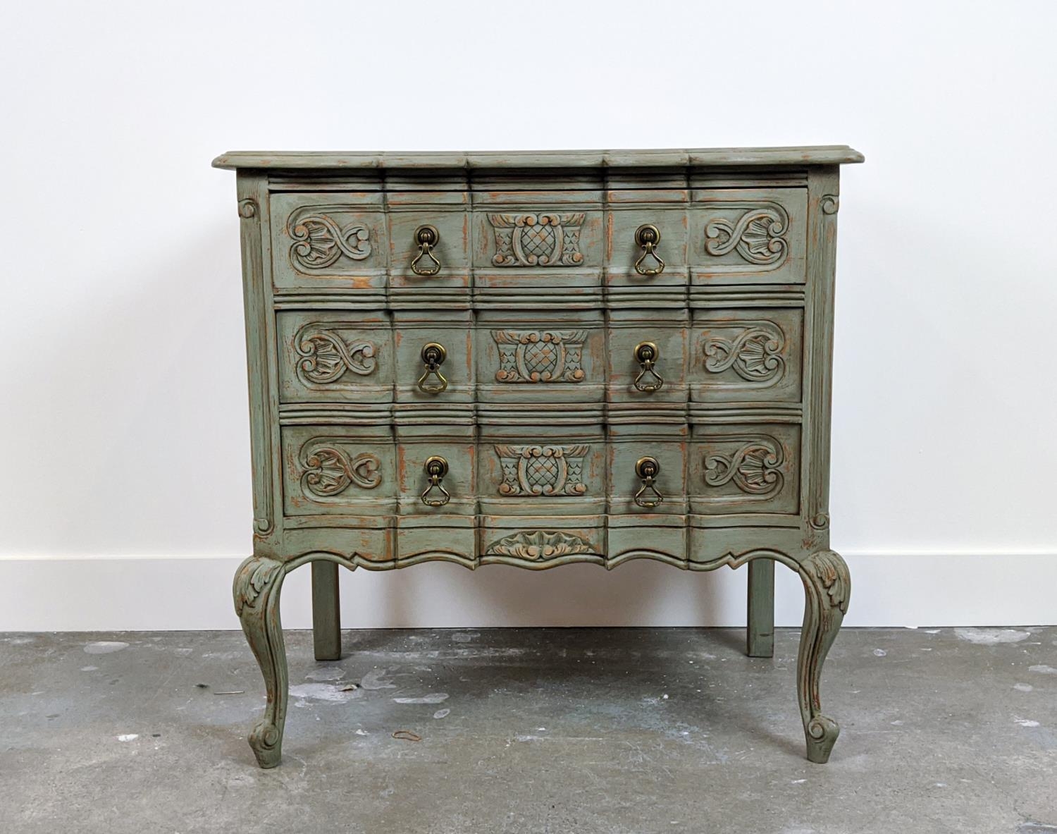 COMMODE, Louis XV style grey painted with three carved drawers, 72cm H x 73cm W x 40cm D. - Image 3 of 10