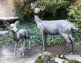 SCULPTURAL DOE AND FAWN, resin in faux bronze finish, 89cm x 80cm x 35cm doe 62cm x 53cm x 25cm