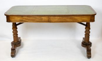 LIBRARY TABLE, 73cm H x 136cm x 64cm, George IV mahogany with green leather top above two drawers.