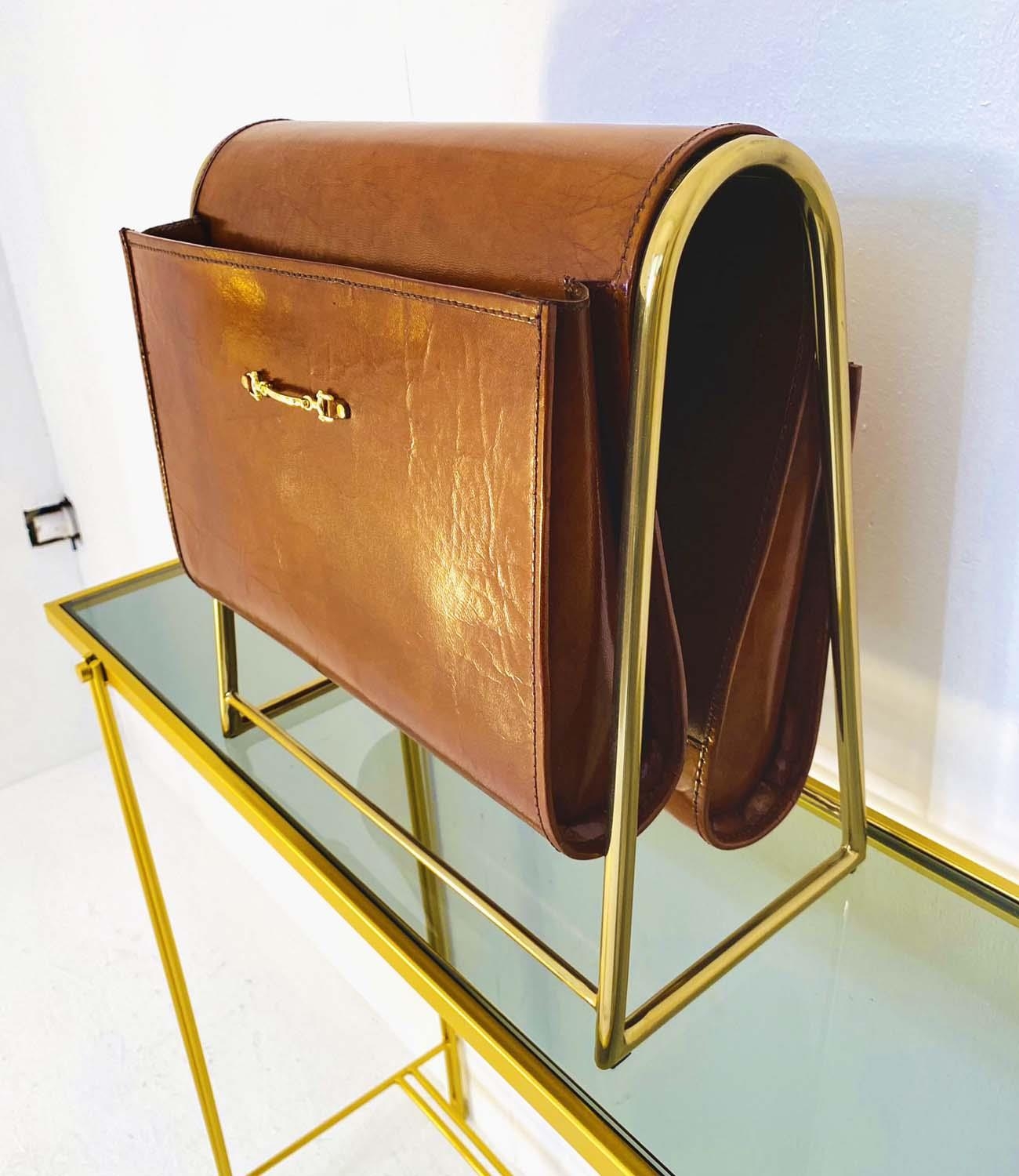 READING RACK, tan leather and gilt metal, 39cm x 38cm x 20cm. - Image 3 of 4