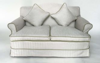 SOFA, traditional arched back and scroll arm with plain neutral Herringbone weave linen upholstery