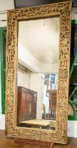 WALL MIRROR, 77cm x 156cm, Chinese elm with bat carved frame and mottled plate.