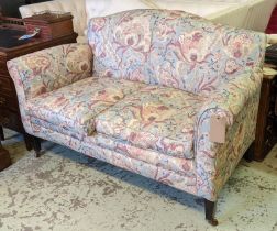 SOFA, 96cm H x 157cm W, Edwardian mahogany newly upholstered in foliate fabric.
