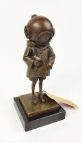 CONTEMPORARY SCHOOL SCULPTURE, depicting a young girl in a diver helmet, 32cm H x 14cm.