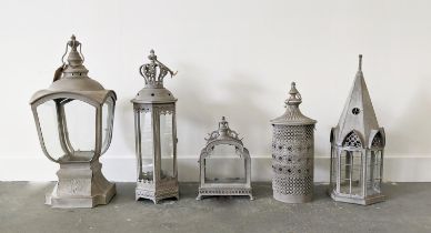 LANTERNS, a set of five, painted metal, different designs, largest 67cm H. (5)