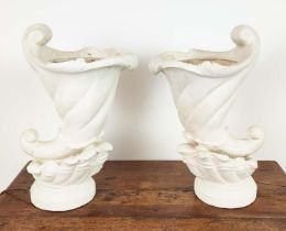 JARDINIERE UPLIGHTERS, a pair, of cornucopia form, each 54cm H. (2)