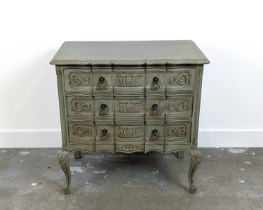 COMMODE, Louis XV style grey painted with three carved drawers, 72cm H x 73cm W x 40cm D.