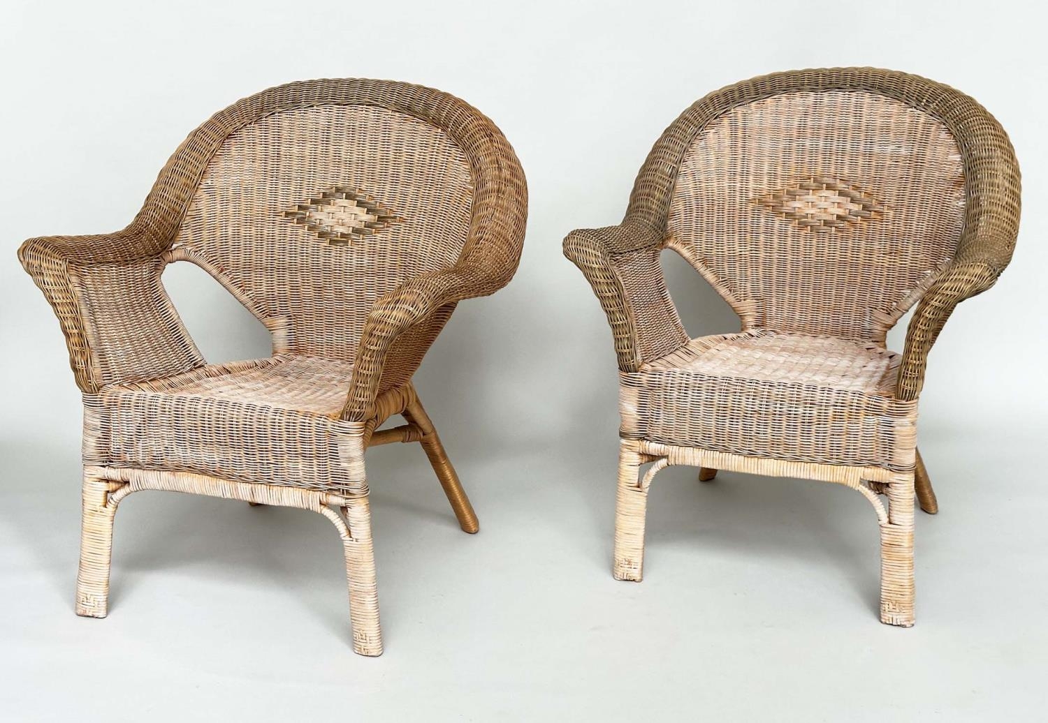 CONSERVATORY ARMCHAIRS, a pair, mid 20th century rattan framed and two tone cane with arched - Image 12 of 12