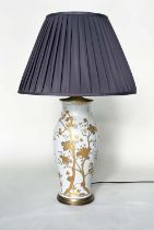 TABLE LAMP, Chinese ceramic vase form brass mounted with trailing gilt decoration and pleated shade,