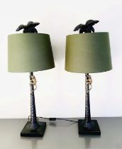 TABLE LAMPS, a pair, in the form of monkeys climbing palm trees, with shades, 84cm x 56cm x 56cm. (