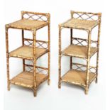 LAMP TABLES, a pair, mid century bamboo framed wicker panelled and cane bound, each with upstand and