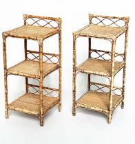 LAMP TABLES, a pair, mid century bamboo framed wicker panelled and cane bound, each with upstand and