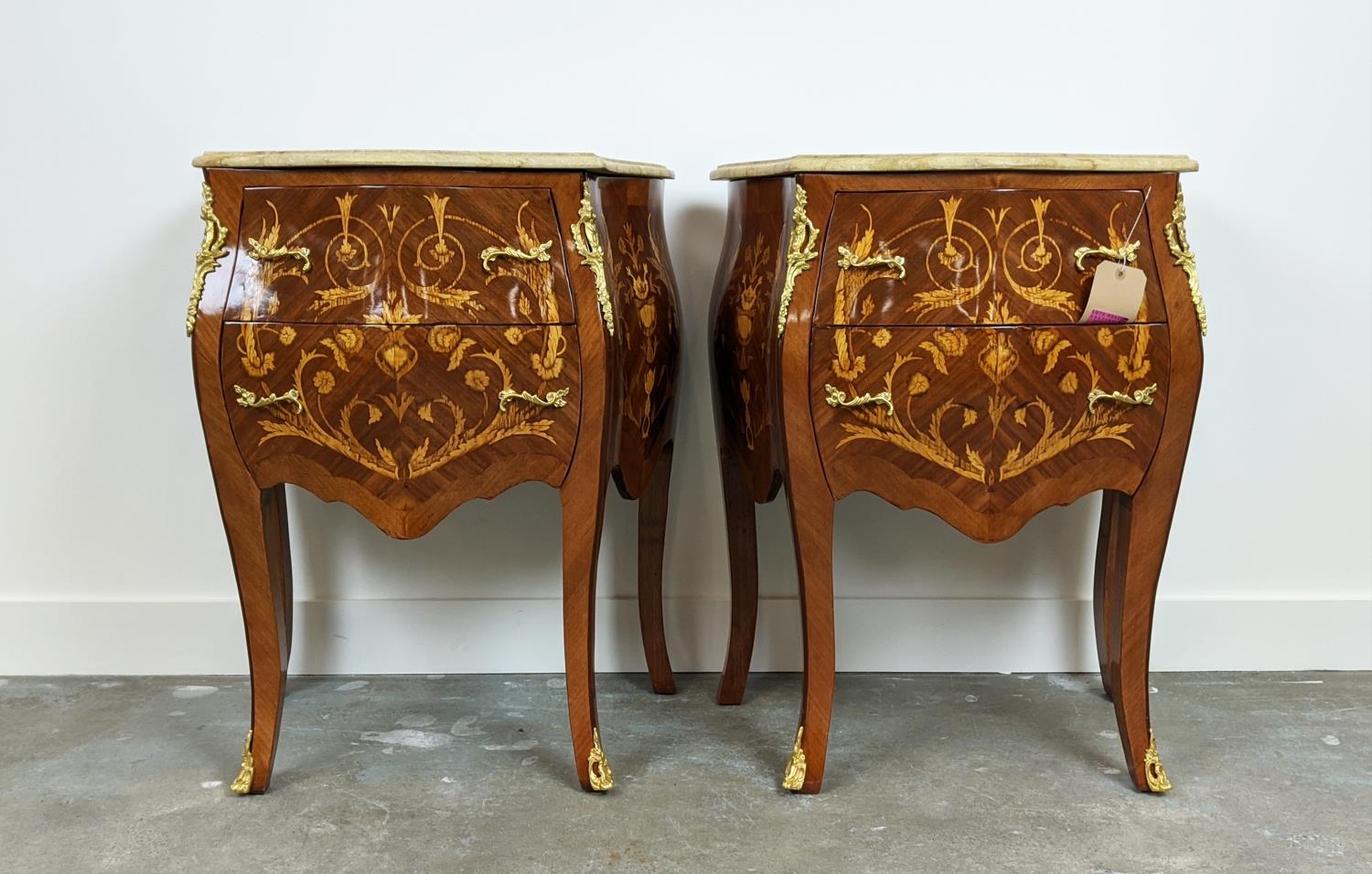 PETITE COMMODES, a pair, French style marquetry with white marble top and two drawers, 78cm H x 60cm - Image 2 of 9
