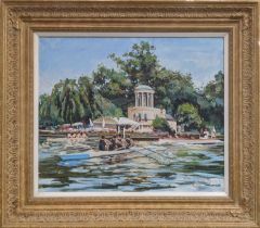 20TH CENTURY BRITISH SCHOOL, 'Henley Regatta', oil on canvas, indistinctly signed, 49cm x 59cm,