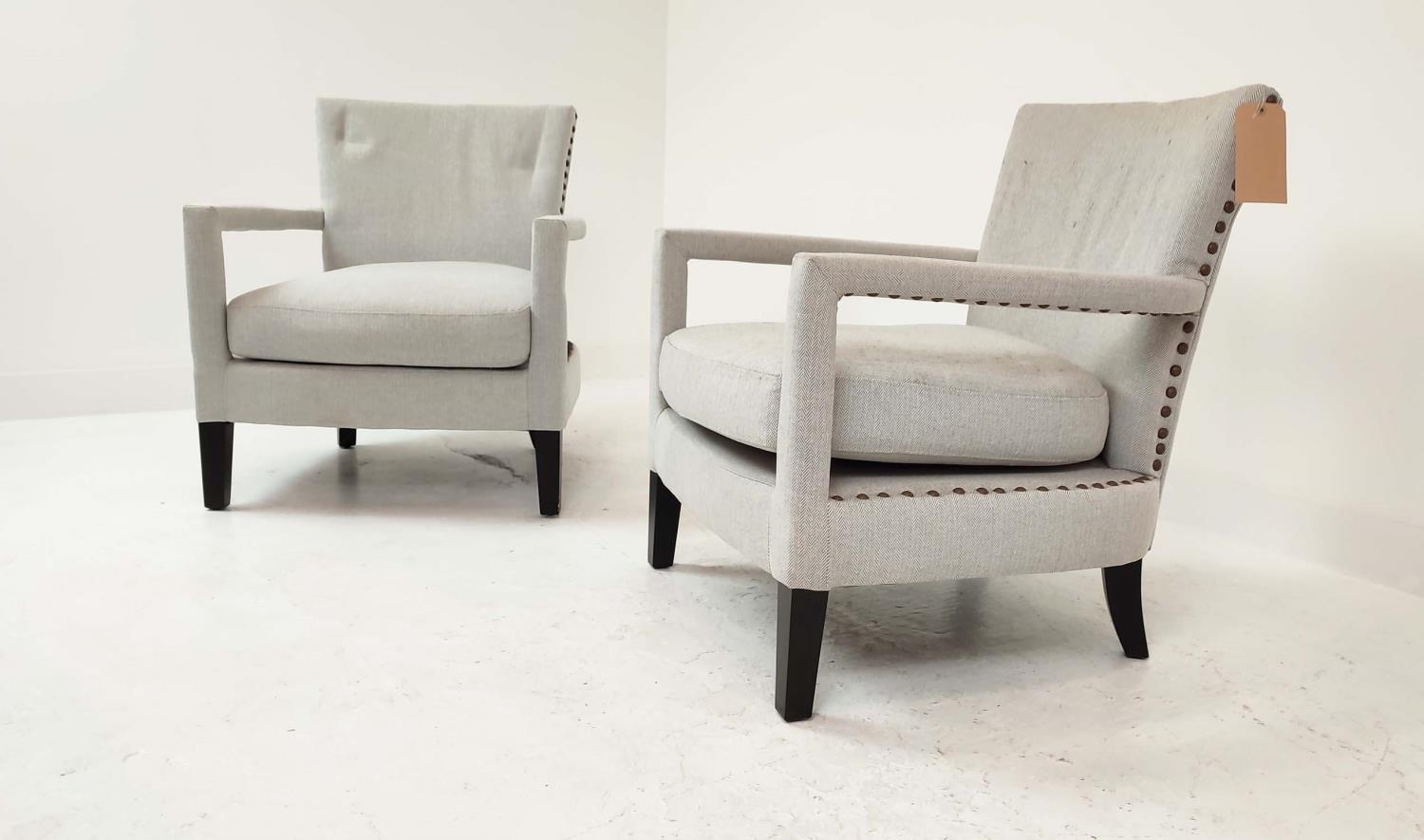 EICHHOLTZ ARMCHAIRS, a pair, light grey upholstery with studded detail, 80cm H x 70cm W x 80cm D. ( - Image 2 of 7