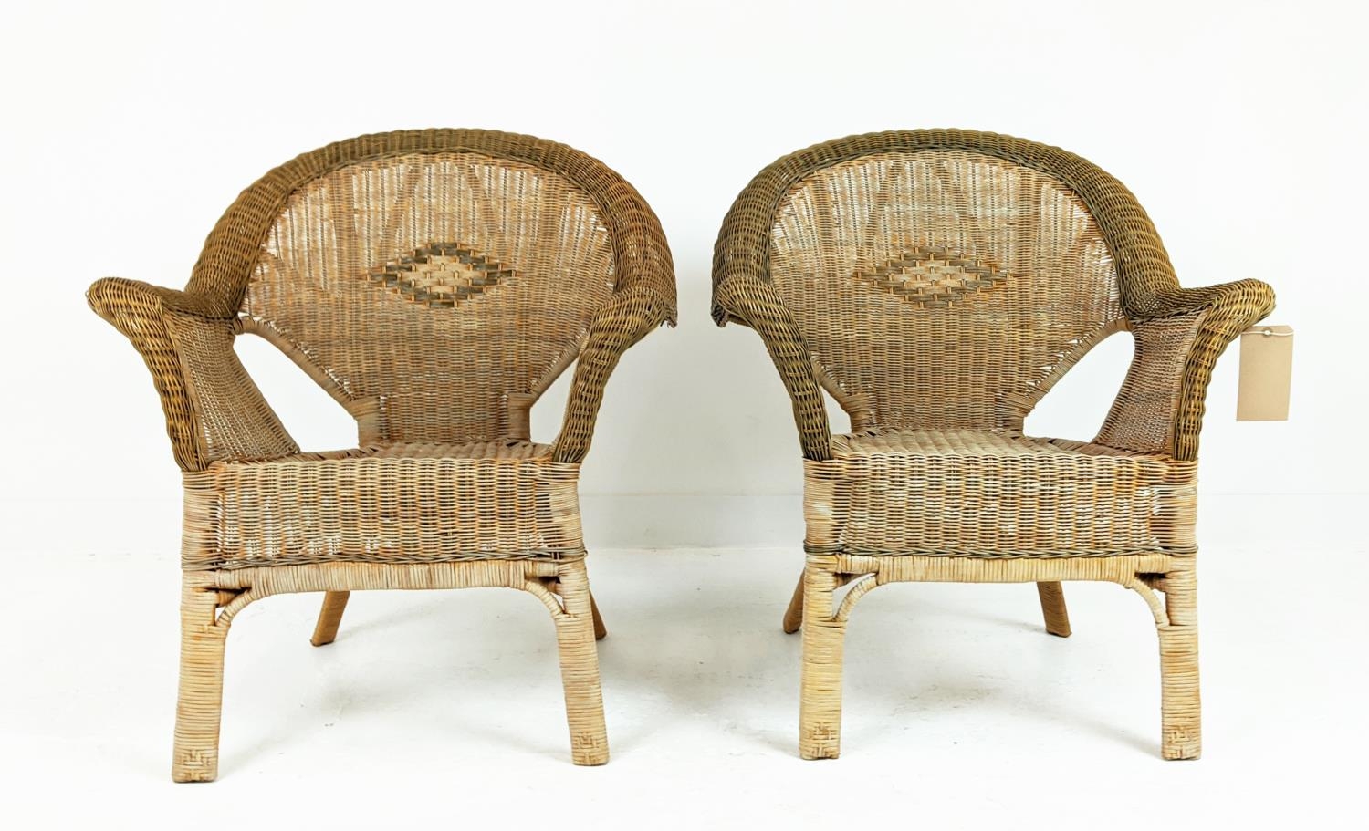 CONSERVATORY ARMCHAIRS, a pair, mid 20th century rattan framed and two tone cane with arched - Image 3 of 12