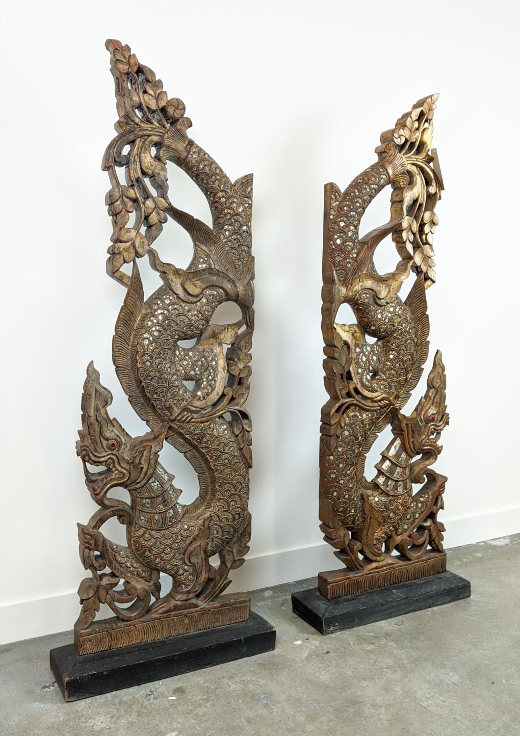 THAI NAGA TEMPLE GUARDIANS, carved wood in gilt and applied mirrored finish, 167cm H x 62cm W. (2) - Image 2 of 7