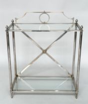 HALL TABLE, Neoclassical style chromium plated with upstand, columns and two tier glass shelves,