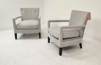 EICHHOLTZ ARMCHAIRS, a pair, light grey upholstery with studded detail, 80cm H x 70cm W x 80cm D. (
