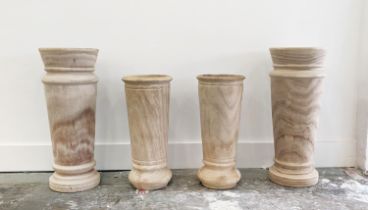 WOODEN VASES, a set of four, larger pair 53cm H x 22.5cm, smaller pair 43cm H x 19cm. (4)