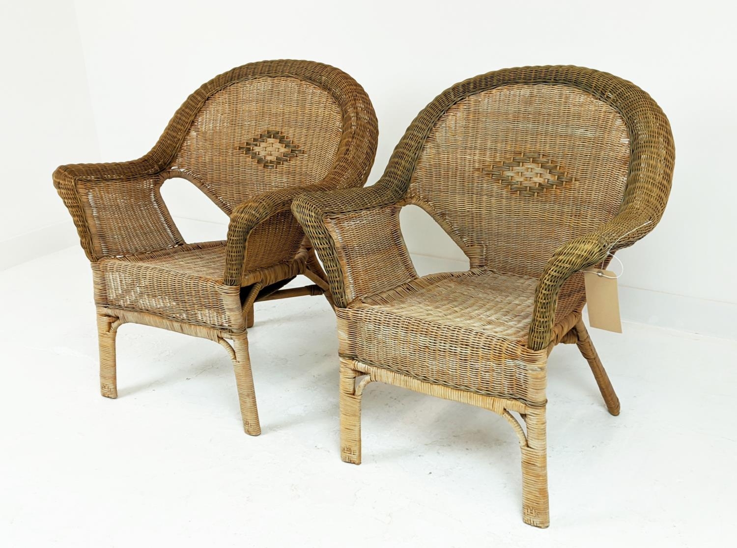 CONSERVATORY ARMCHAIRS, a pair, mid 20th century rattan framed and two tone cane with arched - Image 2 of 12