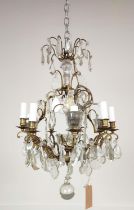 CHANDELIER, with a brass frame glass droplets and ten branches, approx 60cm H x 50cm W.