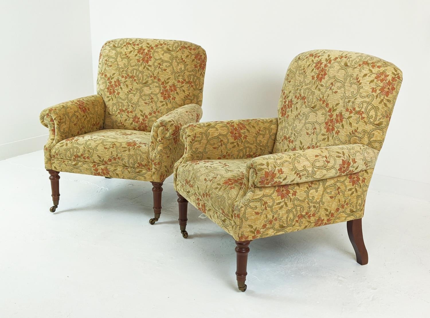 ARMCHAIRS, a pair, in floral gold chenille, 97cm x 82cm W. (2) - Image 3 of 7