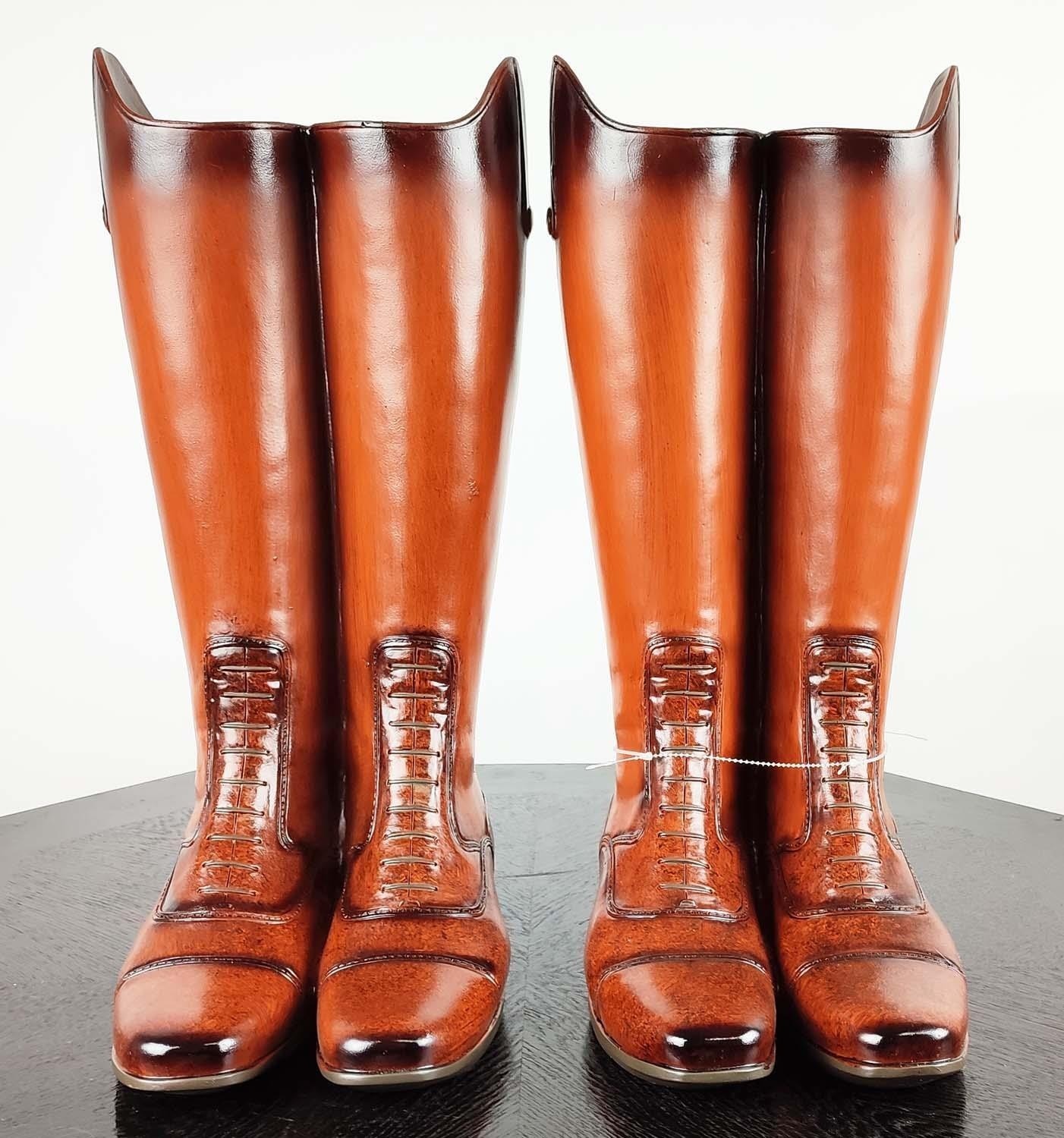 STICK STANDS, a pair, in form of leather riding boots, polychrome resin, 48cm H x 21cm. (2) - Image 2 of 7