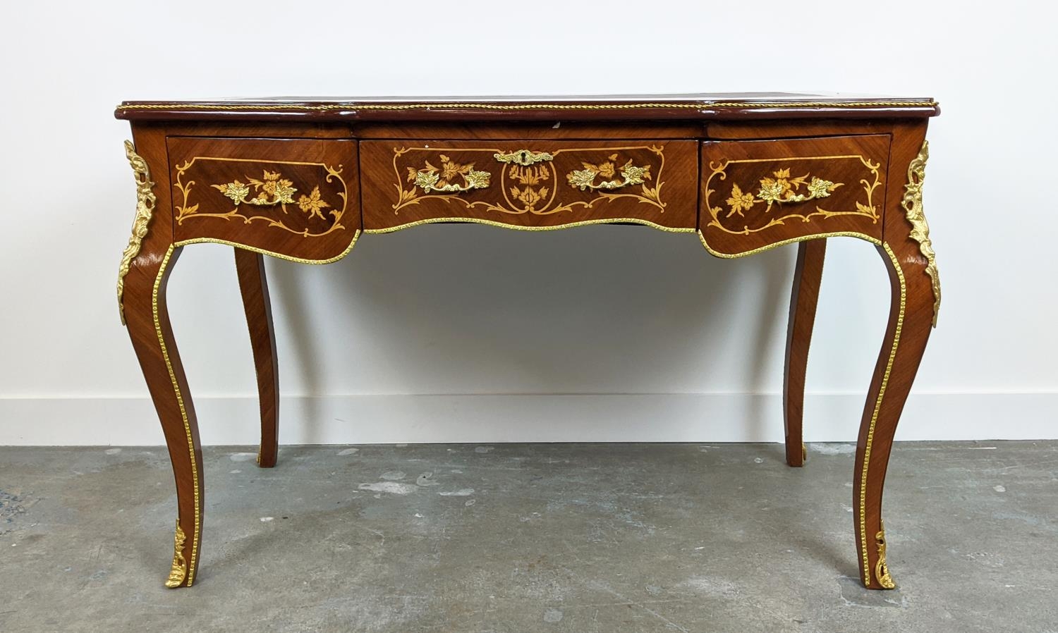 BUREAU PLAT, French style marquetry with three drawers and gilt mounts, 120cm x 79cm H x 62cm. - Image 2 of 8