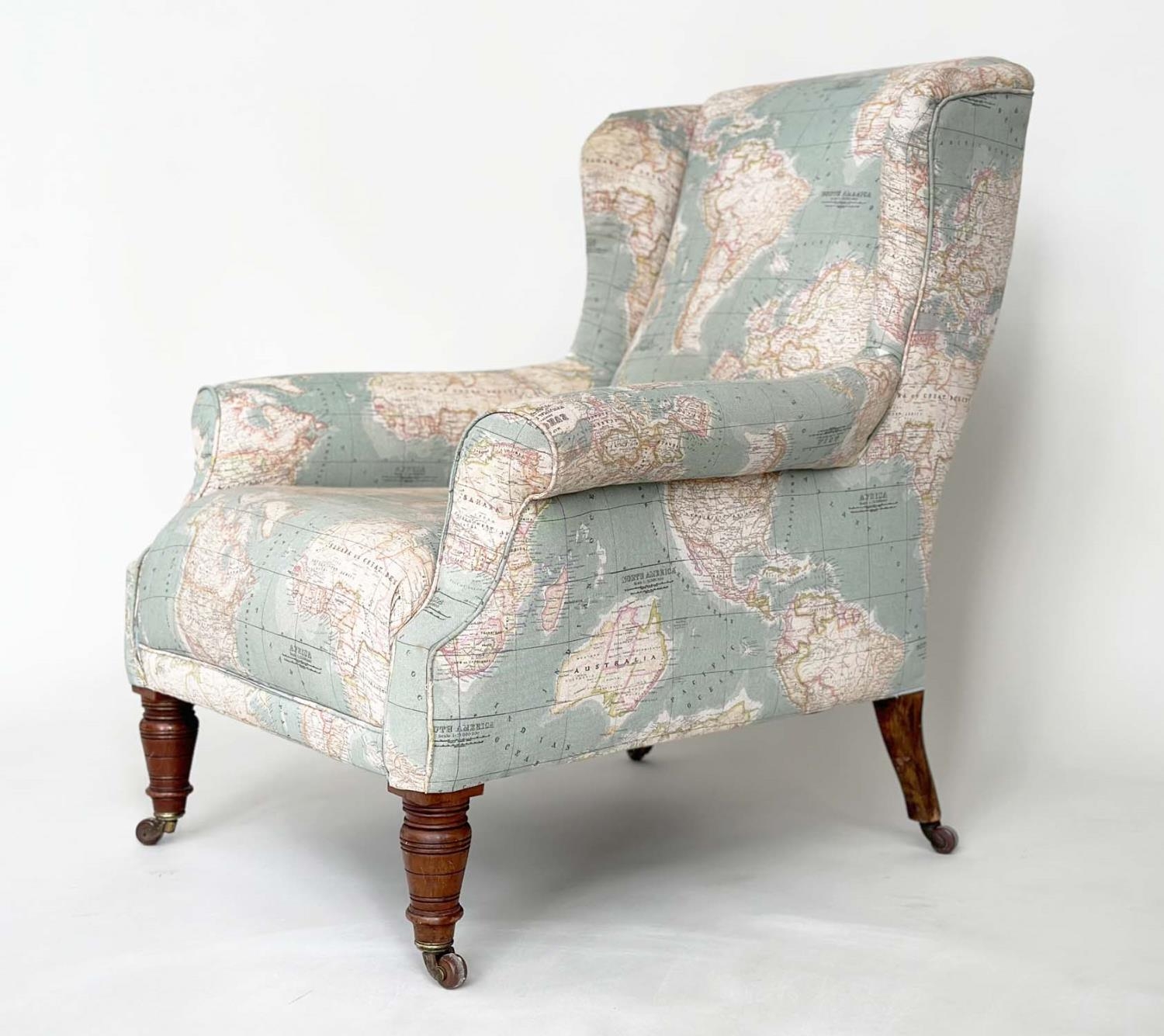 WING ARMCHAIR, Victorian walnut with circa 1900 World Atlas printed fabric upholstery scroll arms - Image 5 of 12