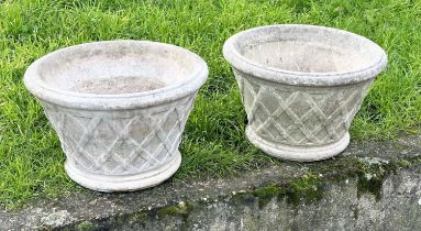 GARDEN PLANTERS, a pair, well weathered reconstituted stone circular basket work, 47cm x 30cm H. (2)