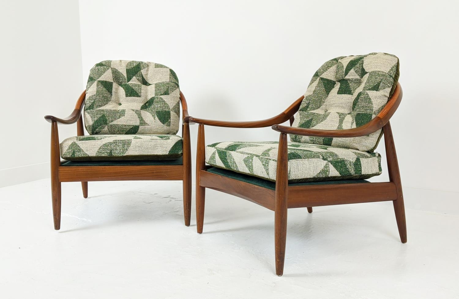 ARMCHAIRS, a pair, mid 20th century Danish teak with geometric patterned and green plush cushions, - Image 3 of 10