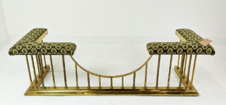 CLUB FENDER, polished brass with a needlework seat, 65cm x 56cm H x 180cm.