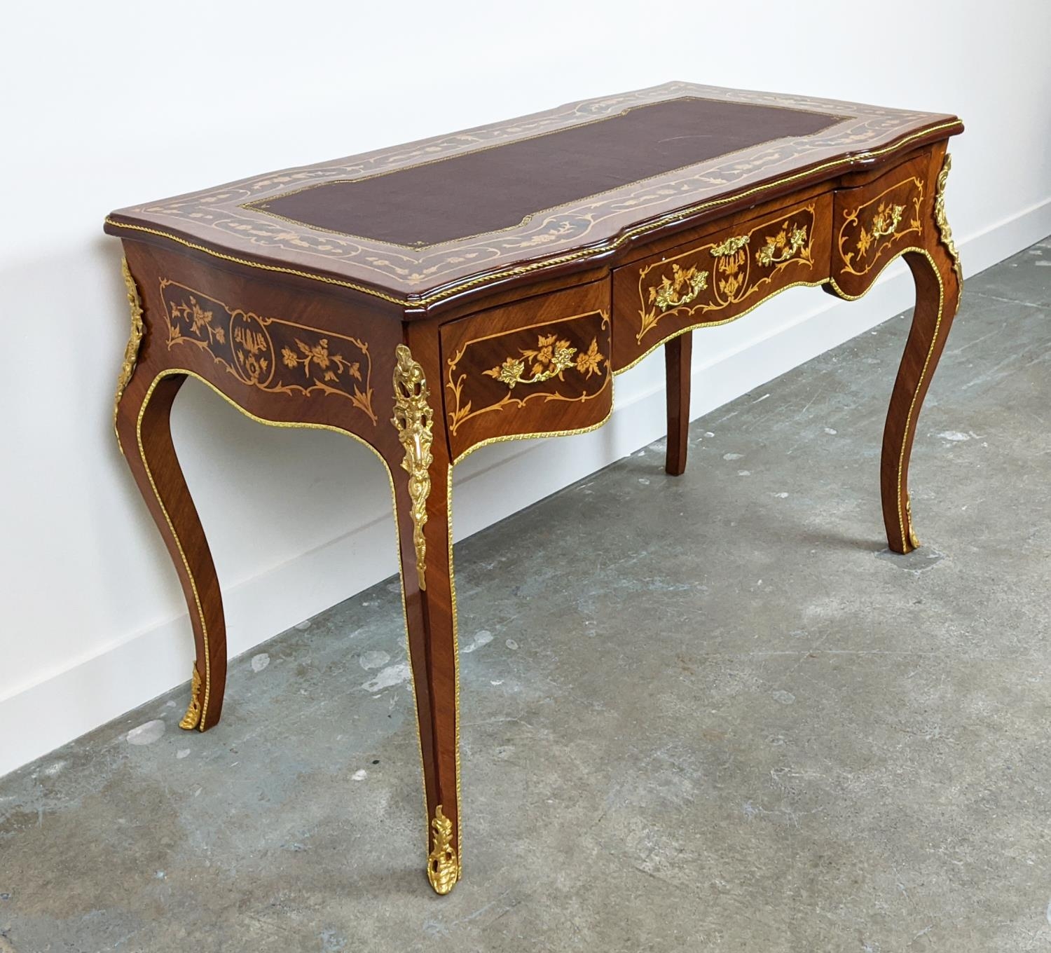 BUREAU PLAT, French style marquetry with three drawers and gilt mounts, 120cm x 79cm H x 62cm. - Image 4 of 8