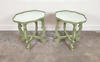 LAMP TABLES, a pair, mid 20th century green painted with oval shaped inset mirror tops, 53cm H x