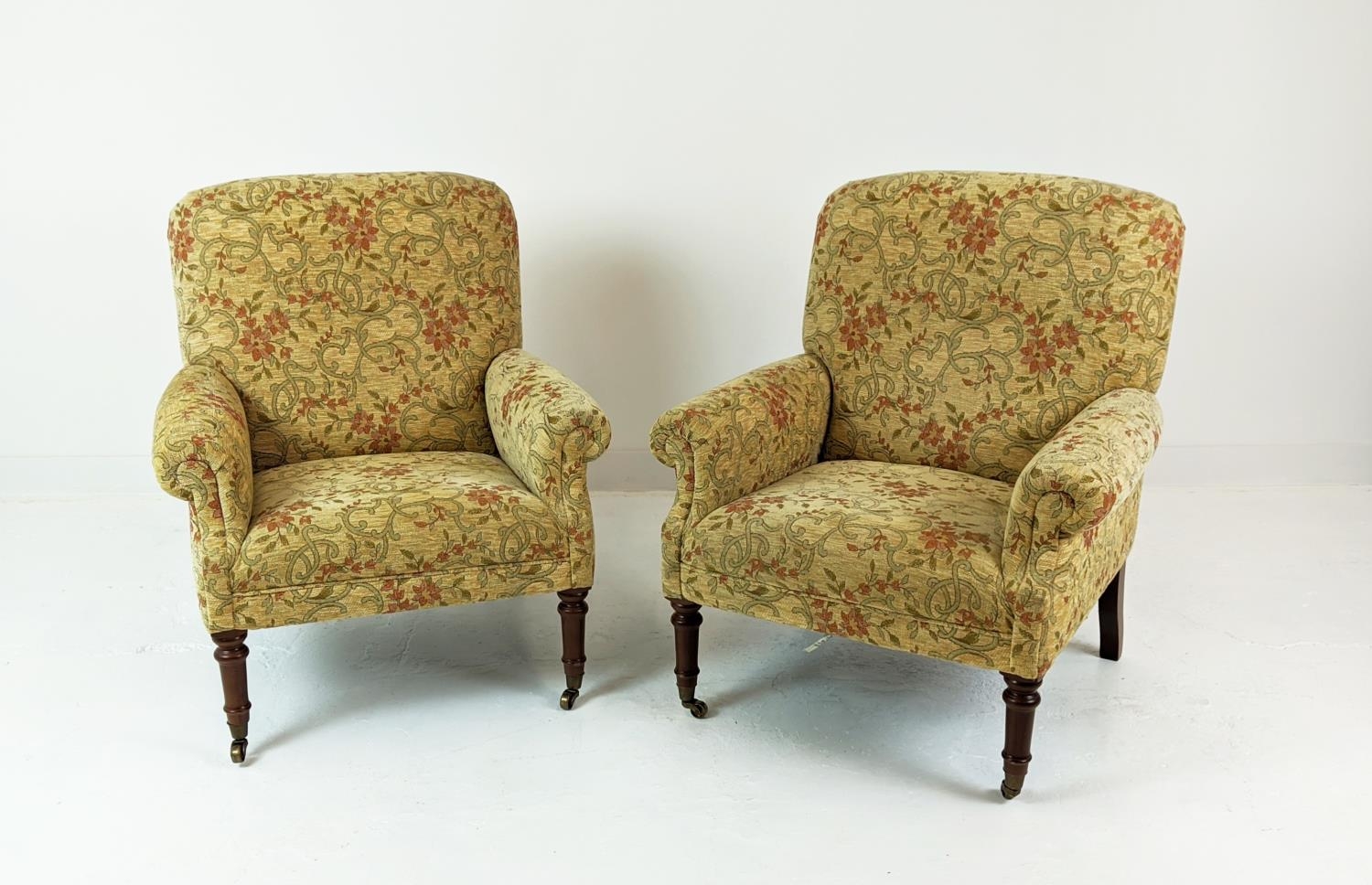 ARMCHAIRS, a pair, in floral gold chenille, 97cm x 82cm W. (2)