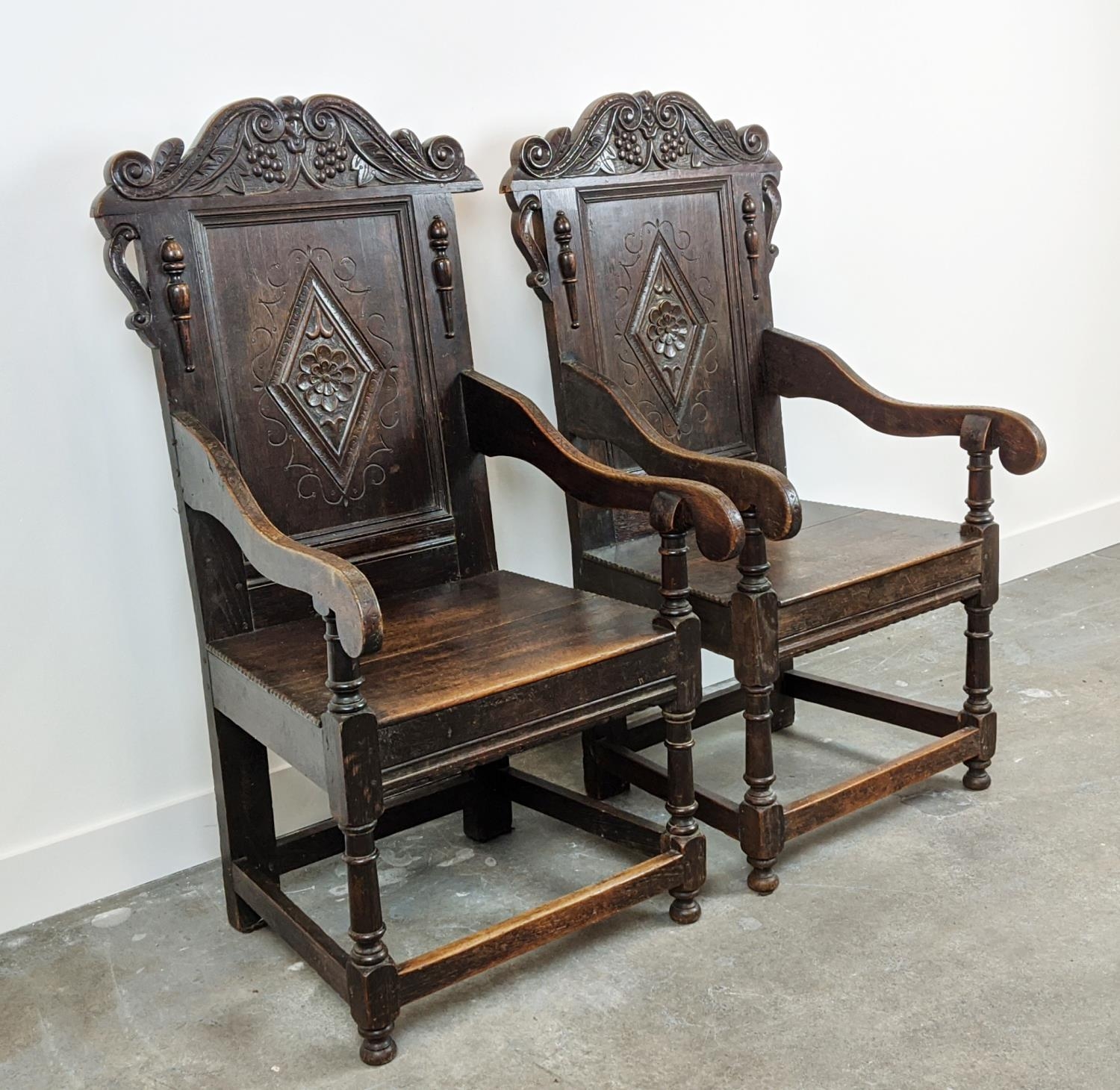 WAINSCOT ARMCHAIRS, a pair, late 19th century Carolean style oak with carved backs, 119cm H x 61cm x - Image 2 of 9