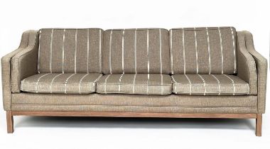 SOFA BY BORGE MOGENSEN, 1970's design linen and linen stripe upholstery and teak supports, 210cm W.