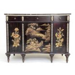 RESTALL BROWN AND CLENELL SIDEBOARD, black lacquered hand decorated Chinoiserie and gilt metal