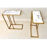 SIDE TABLES, a pair, gilt metal, white marble tops, 60cm x 46cm x 22cm. (2)