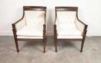 ARMCHAIRS, a pair, linen upholstery with lacquered frame and clustered front supports, 88cm H x 65cm